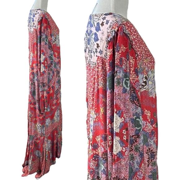 Free People Bohemian Gypsy Maxi Dress Duster Red Retro 70s Festival Size Large - Picture 4 of 14